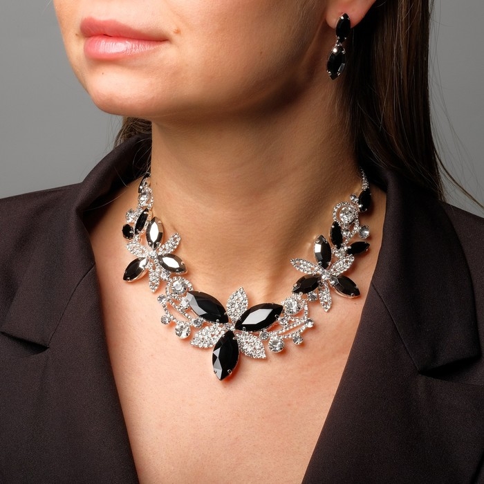 Набор 2 предмета: серьги, колье «Цветение» царское , цвет бело-серый в серебре Набор 2 предмета: серьги, колье «Цветение» царское , цвет бело-серый в серебре