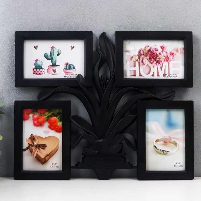Фоторамка пластик на 4 фото 10х15 см  Фоторамка пластик на 4 фото 10х15 см "Цветущий панданус" чёрный 40х33,5 см