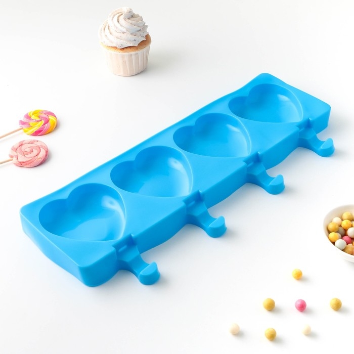 Форма для мороженого «Сердца», силикон, 37×15×2,5 см, 4 ячейки (9,2×8,4 см), цвет МИКС Форма для мороженого «Сердца», силикон, 37×15×2,5 см, 4 ячейки (9,2×8,4 см), цвет МИКС