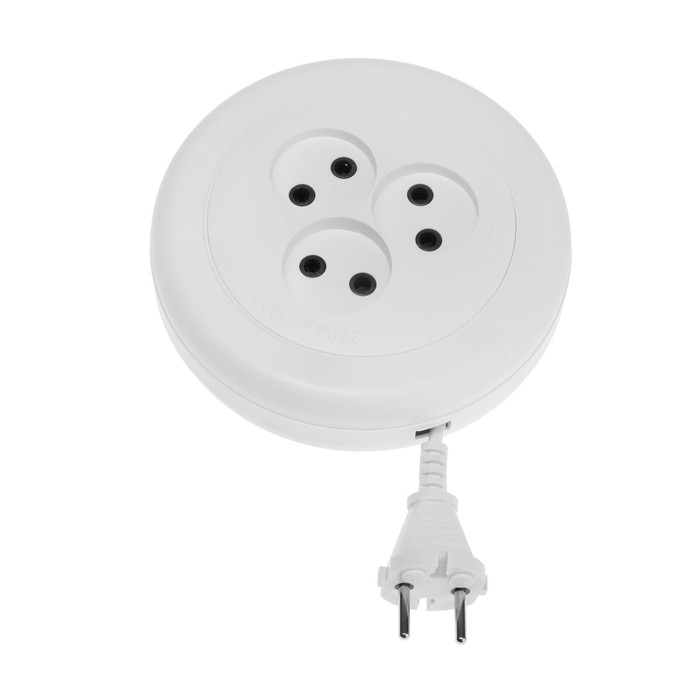 Удлинитель-рулетка Uniel, 3 розетки, 5 м, 6 А, 1300 Вт, ШВВП 2х0.75 мм2, без з/к, белый Удлинитель-рулетка Uniel, 3 розетки, 5 м, 6 А, 1300 Вт, ШВВП 2х0.75 мм2, без з/к, белый