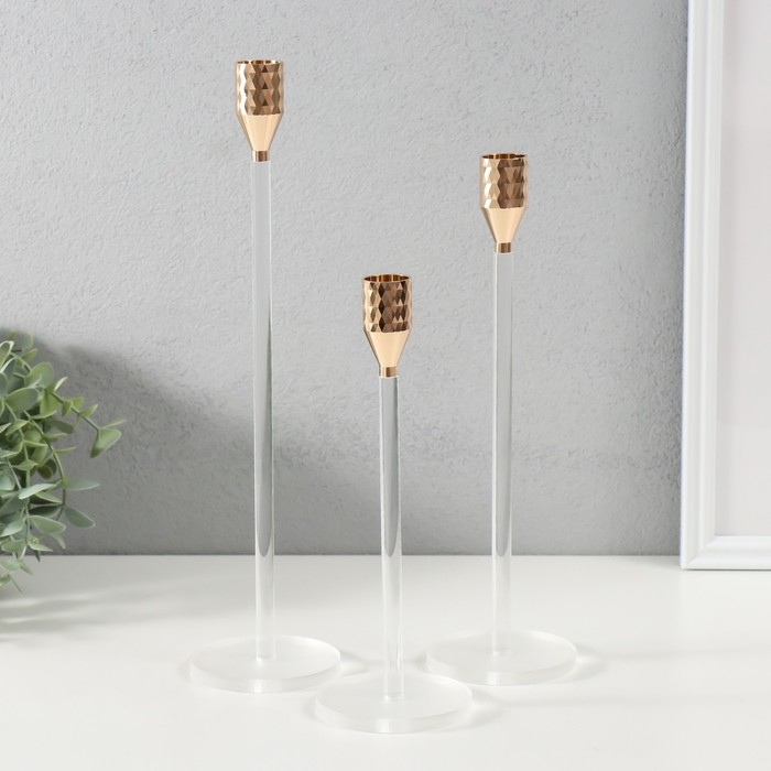 Подсвечник металл, акрил Подсвечник металл, акрил "Ромб" d=2 см, набор 3 шт h=33 см, 26,5 см, 22,5 см