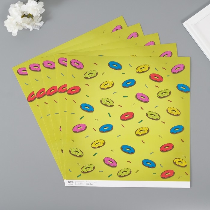 Бумага для скрапбукинга Бумага для скрапбукинга "Пончики" плотность 180 гр набор 5 шт 30,5х32 см