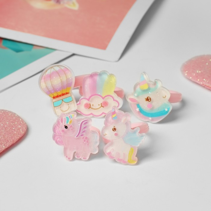 Набор детских колец «Выбражулька» 5 шт., счастье единорожки, цветные, безразмерные Набор детских колец «Выбражулька» 5 шт., счастье единорожки, цветные, безразмерные