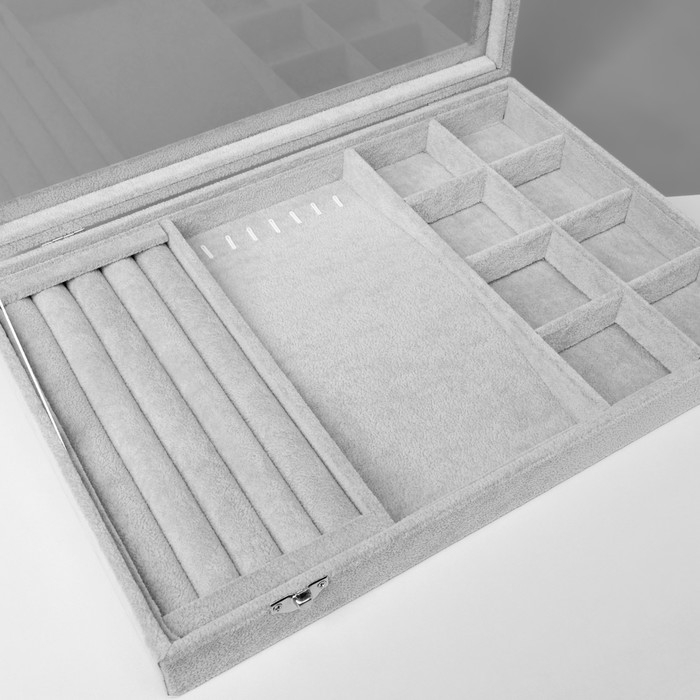 Подставка для украшений «Шкатулка» 4 полосы, 7 крючков, 8 ячеек, стеклянная крышка, цвет серый