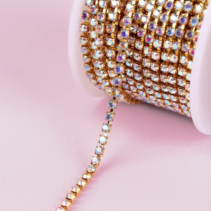 Цепь со стразами, с голографией, металл, стекло, 2 мм, 9 ± 1 м, цвет золотой Цепь со стразами, с голографией, металл, стекло, 2 мм, 9 ± 1 м, цвет золотой