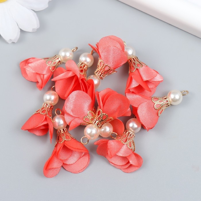 Декор для творчества текстиль Декор для творчества текстиль "Цветок с жемчужиной. Коралловый" набор 10 шт 2,5 см