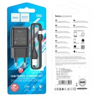 Сетевое зарядное устройство Hoco C96A, 1 USB, 2.1 А, кабель Lightning - USB, 1 м, чёрное