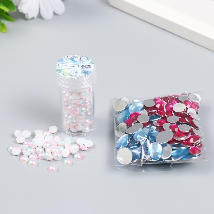 Декор "Полубусины и стразы. Градиент розово-голубой" d=6 мм 10г 200 шт 5х2,5 МИКС