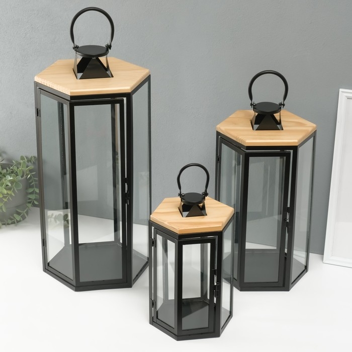 Подсвечник металл, дерево, фонарь Подсвечник металл, дерево, фонарь"Шесть граней" набор 3 шт 22,5х19,5х43,5; 18,5х16х31 см