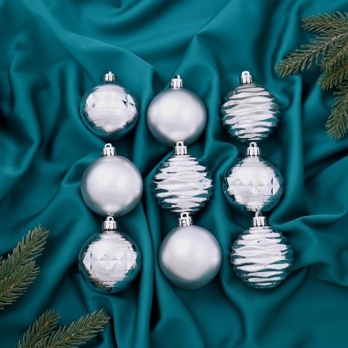 Набор шаров пластик d-6 см, 9 шт Набор шаров пластик d-6 см, 9 шт "Астрид полоски" серебро