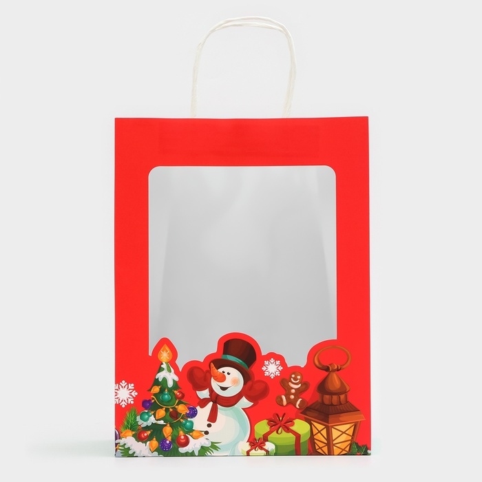 Пакет подарочный новогодний с окном Пакет подарочный новогодний с окном "Снеговик" 26 х 35 х 16 см.