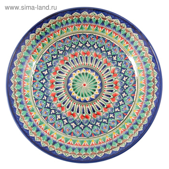 Ляган круглый Риштанская Керамика, 41см, коричнево-красно-синий орнамент