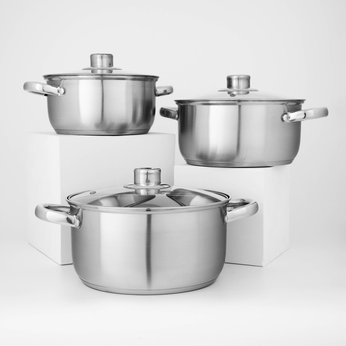 Набор кастрюль из нержавеющей стали Доляна «Гретте», 3 предмета: 2,3 л, 3,2 л, 4,2 л, крышки Набор кастрюль из нержавеющей стали Доляна «Гретте», 3 предмета: 2,3 л, 3,2 л, 4,2 л, крышки