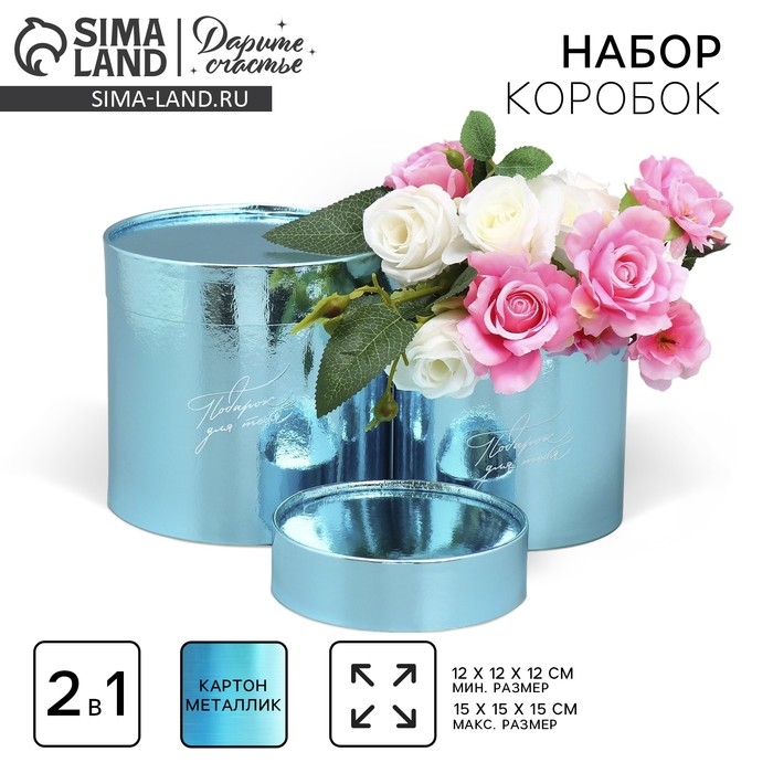 Набор коробок 2 в 1 круглые, упаковка подарочная, «Подарок для тебя», голубой металлик, 12 х 12, 15 х 15 см Набор коробок 2 в 1 круглые, упаковка подарочная, «Подарок для тебя», голубой металлик, 12 х 12, 15 х 15 см