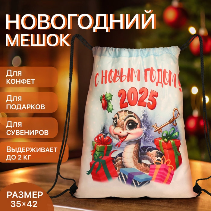 Новый год 2025. Новогодний мешок для подарков на шнурке «Змея», символ года, цвет разноцветный Новый год 2025. Новогодний мешок для подарков на шнурке «Змея», символ года, цвет разноцветный