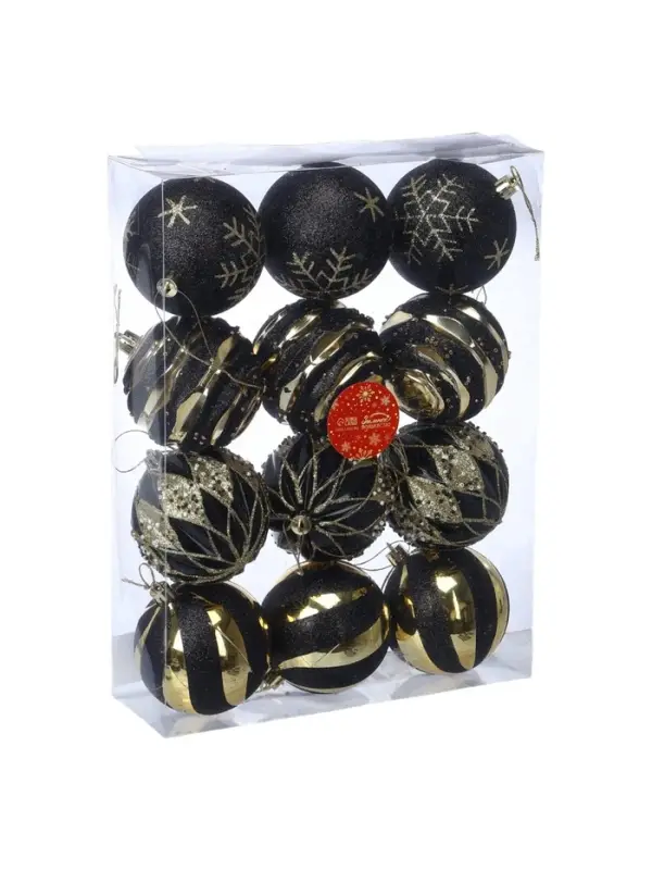 Ёлочные шары новогодние &laquo;Савьер&raquo;, набор 12 шт., d=8 см, чёрно-золотой