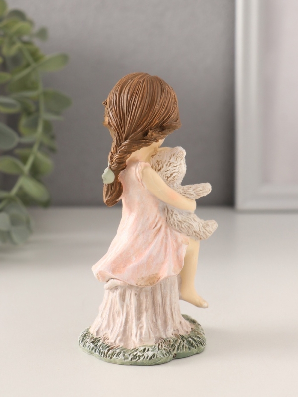 Сувенир полистоун Сувенир полистоун "Малышка в розовом платье с медвежонком, на пенечке" 6х6х12 см
