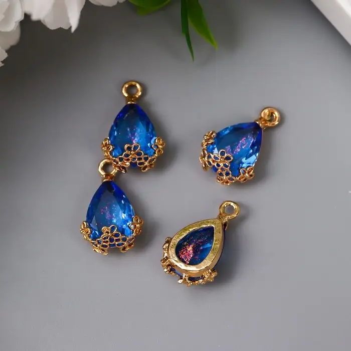 Декор для творчества пластик  Декор для творчества пластик "Капля с золотыми цветочками" синий кристалл 2х1,2 см