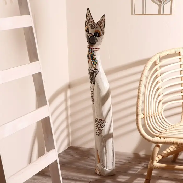 Сувенир дерево "Кошка с бабочкой и бантом из мозаики" белая 100х16х7 см