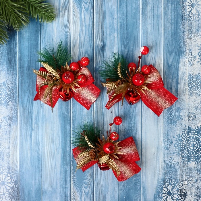 Украшение ёлочное Украшение ёлочное "Еловая композиция" (набор 3 шт) бант классика ягодки, 11х8 см, красный