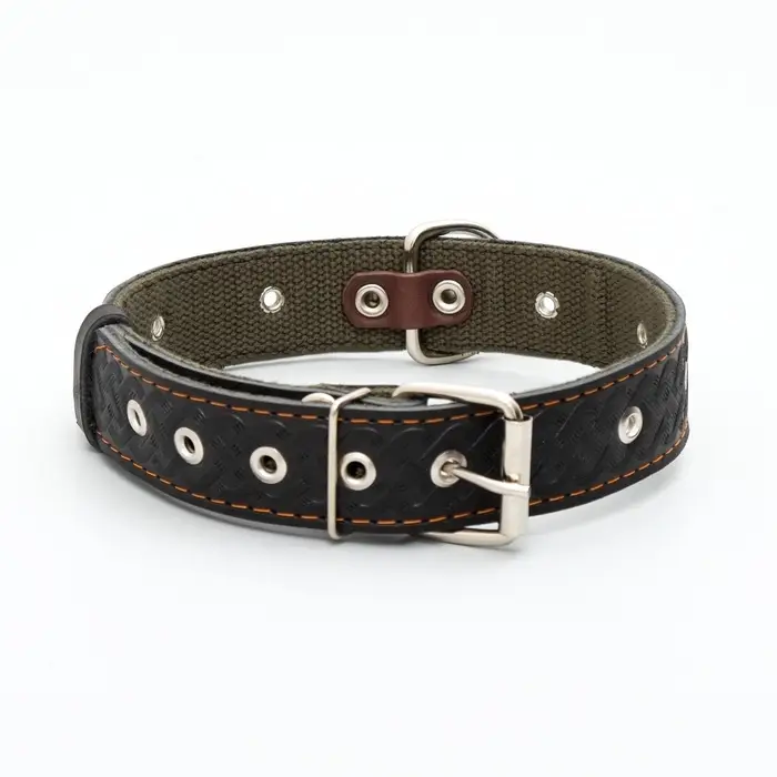 Ошейник комбинированный, безразмерный, 65&times;3.5 см, ОШ 31-61 см, кожа, брезент, чёрный