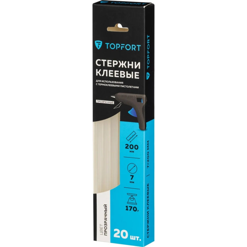 Стержни клеевые прозрачные 7x200, упаковка 20 штук, Topfort