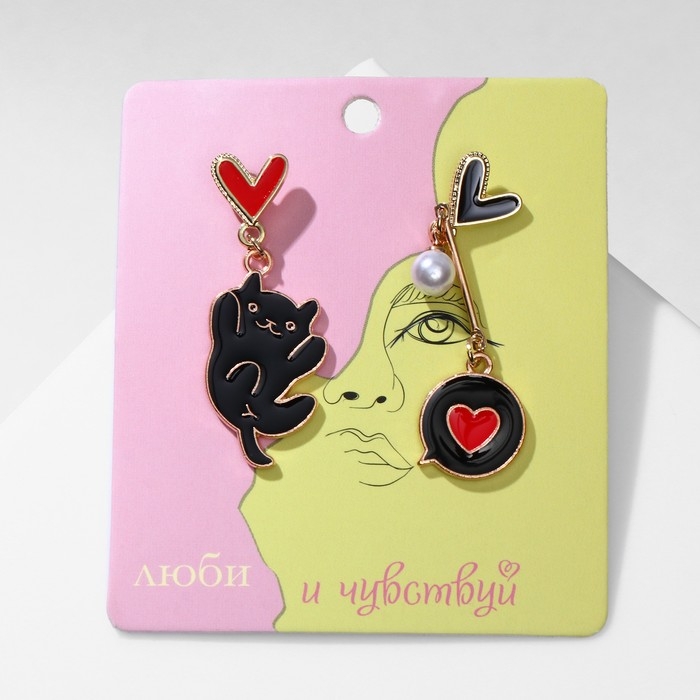 Серьги с эмалью «Котик» с сердечками, цвет чёрно-красный в золоте Серьги с эмалью «Котик» с сердечками, цвет чёрно-красный в золоте