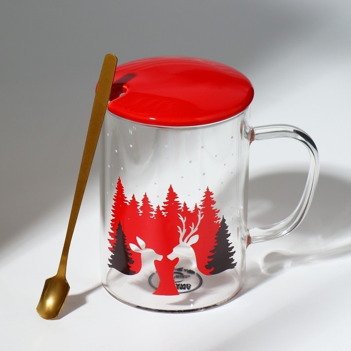 Новый год. Кружка стеклянная с ложкой и крышкой «Зимний лес», 470 мл Новый год. Кружка стеклянная с ложкой и крышкой «Зимний лес», 470 мл