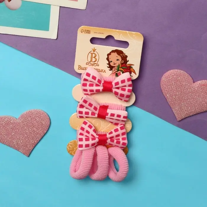 Резинка для волос  Резинка для волос "Глория" (набор 6 шт) крупная клетка, розовый