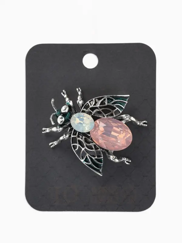 Брошь &laquo;Муха", резные крылья, цвет зелёно-розовый в черёном серебре
