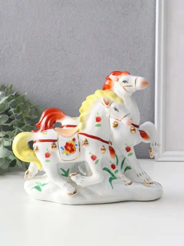 Сувенир керамика "Двойка коней расписные" цветные с золотом 20х9,8х18 см