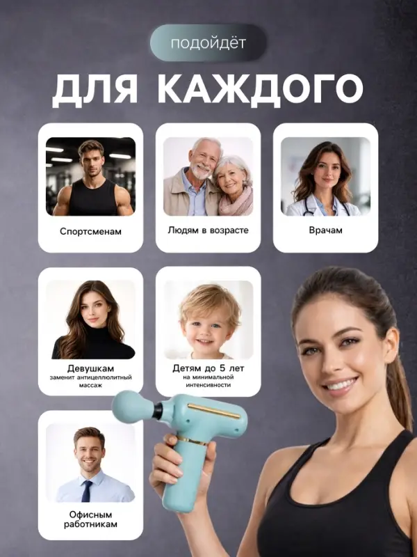 Массажёр для тела LEM-54, перкуссионный, 4 режима, 1200 мА/ч, голубой