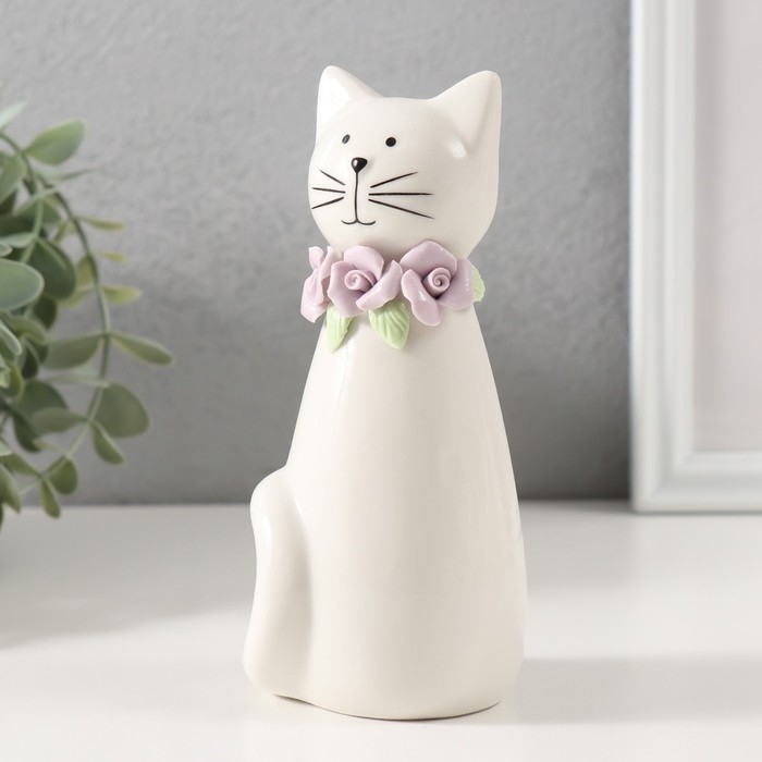 Сувенир керамика Сувенир керамика "Котик белый сидящий с цветочным ошейником" 6,5х6,2х14,3 см