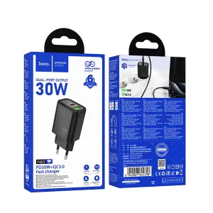 Переходник сетевого зарядного устройства N63 HOCO на Type-C PD30W + USB QC3.0 черный
