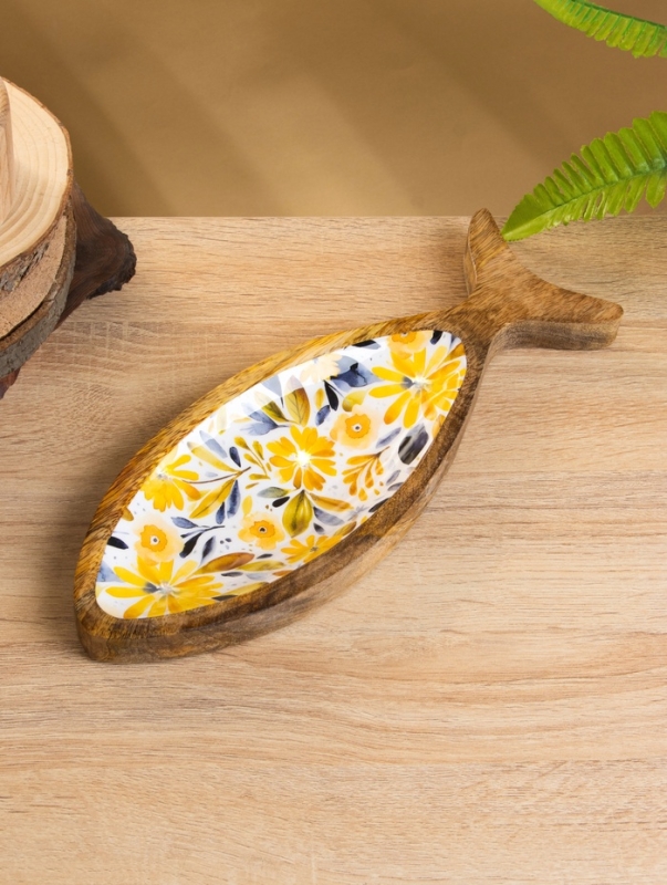 Блюдо в форме рыбки "Желтые и синие цветы" дерево манго 32х11,5х2 см