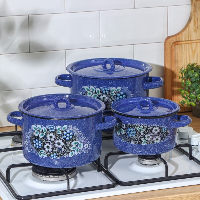 Набор эмалированных кастрюль «Голубика», 3 предмета: 1,5 л, 2,9 л, 4,5 л Набор эмалированных кастрюль «Голубика», 3 предмета: 1,5 л, 2,9 л, 4,5 л