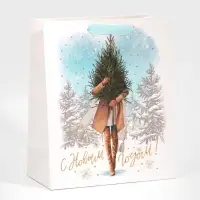 Пакет подарочный новогодний ламинированный «Девушка с ёлкой», ML 23 х 27 х 11,5 см