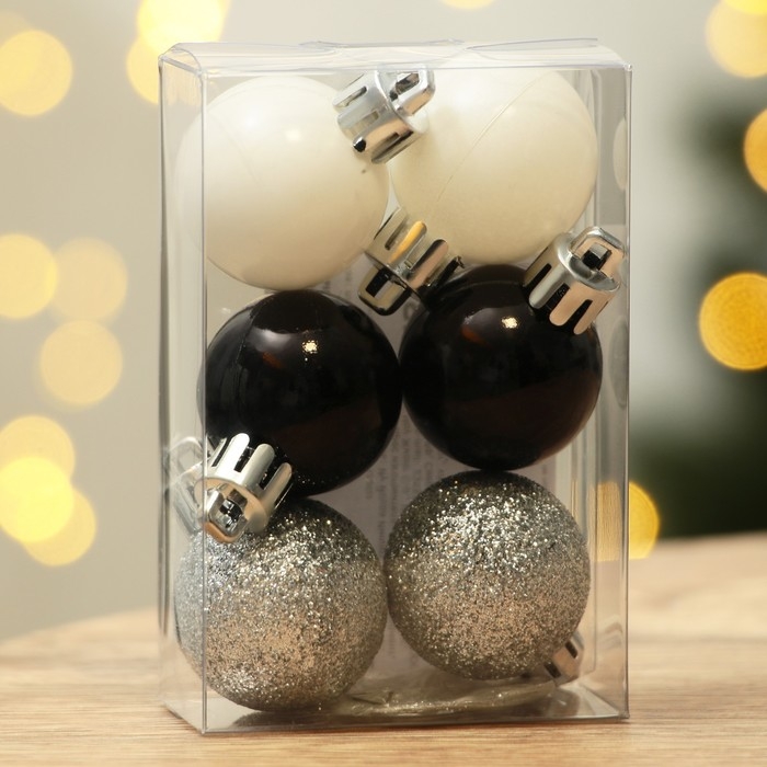 Шары ёлочные новогодние, на Новый год, пластик, d=3 см, 6 шт., цвет чёрный, серебристый, белый Шары ёлочные новогодние, на Новый год, пластик, d=3 см, 6 шт., цвет чёрный, серебристый, белый