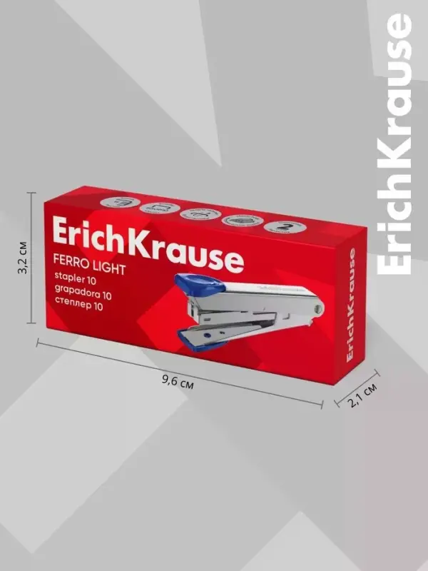 Степлер ErichKrause № 10, до 15 листов, встроенный антистеплер, серый