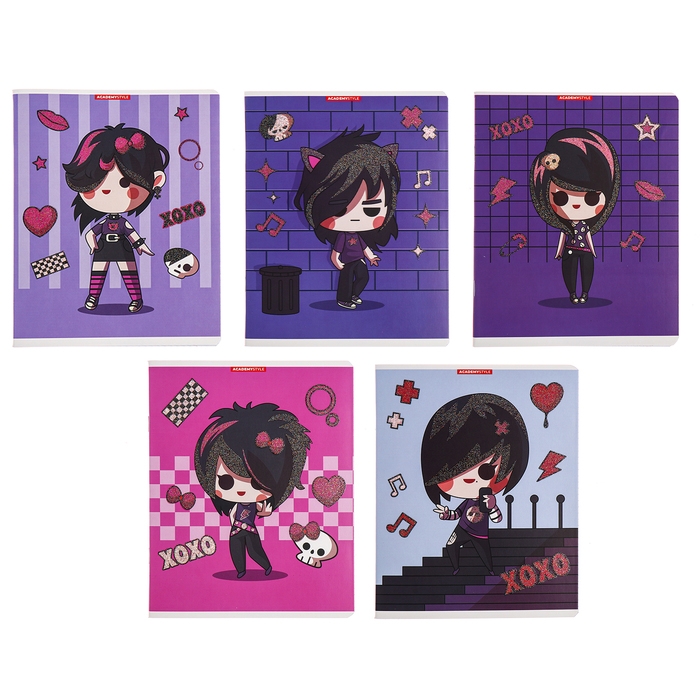 Тетрадь 48 листов в клетку Тетрадь 48 листов в клетку "Девочки готы", обложка мелованный картон, глиттер, МИКС