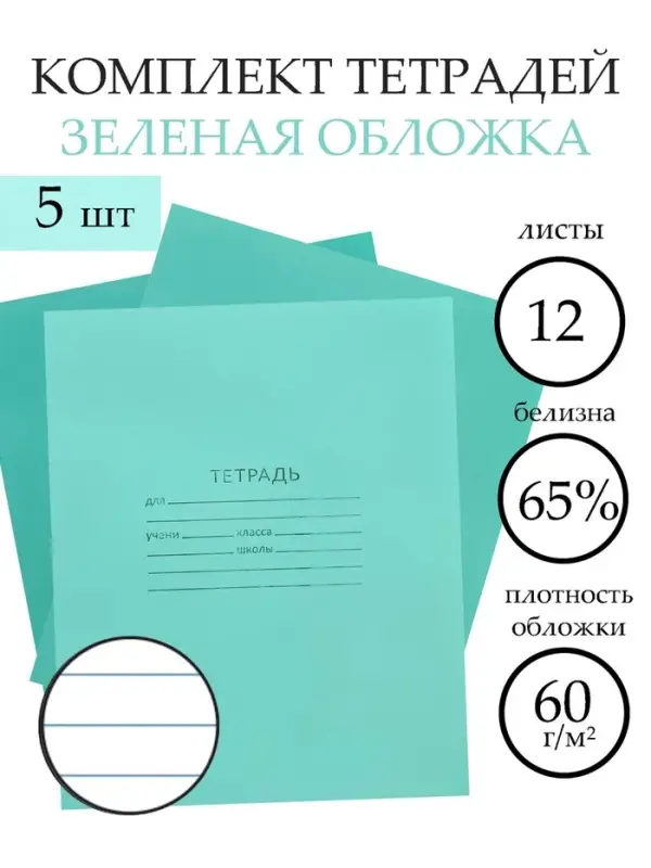 Набор тетрадей &laquo;Зелёная обложка&raquo; 5 штук, 12 листов в линейку, эконом, плотность 60 г/м&sup2;