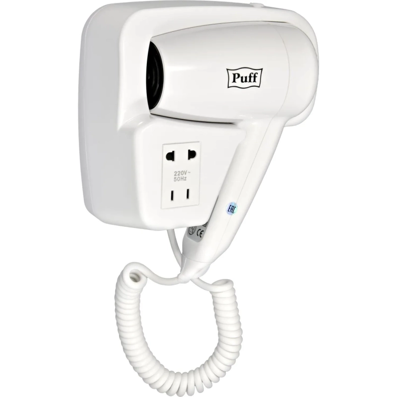 Фен Puff-1200B, белый, 1,2 кВт, с доп. розеткой