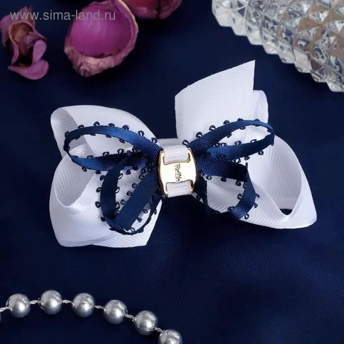 Резинка для волос «Школьница», бант штрихи, 8 см, бело-синяя