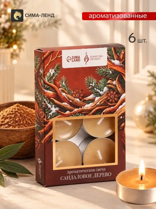 Свечи ароматические чайные &laquo;Зимняя сказка&raquo;, набор 6 шт., сандаловое дерево