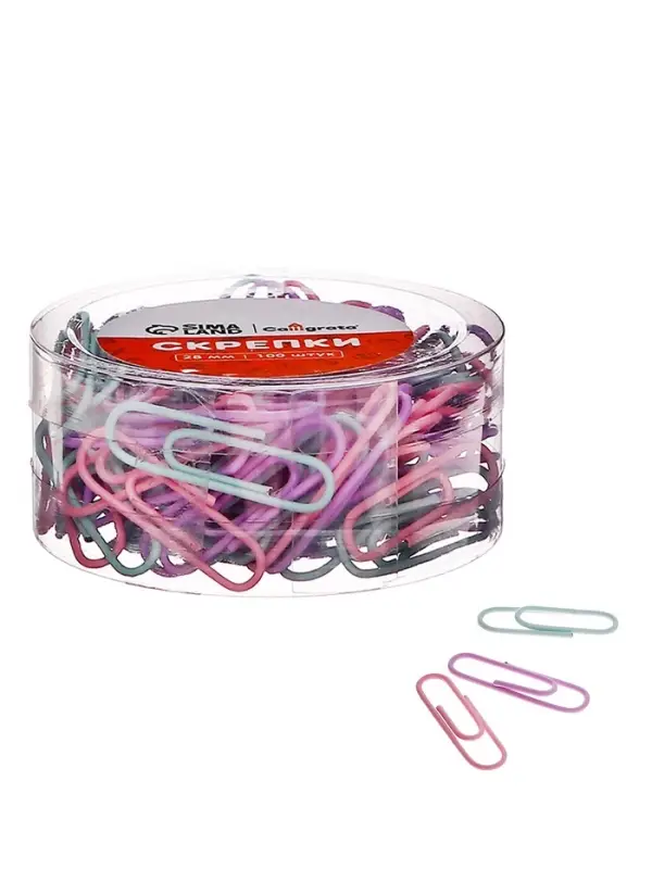 Скрепки 28 мм пастель в пластиковой тубе 100 штук