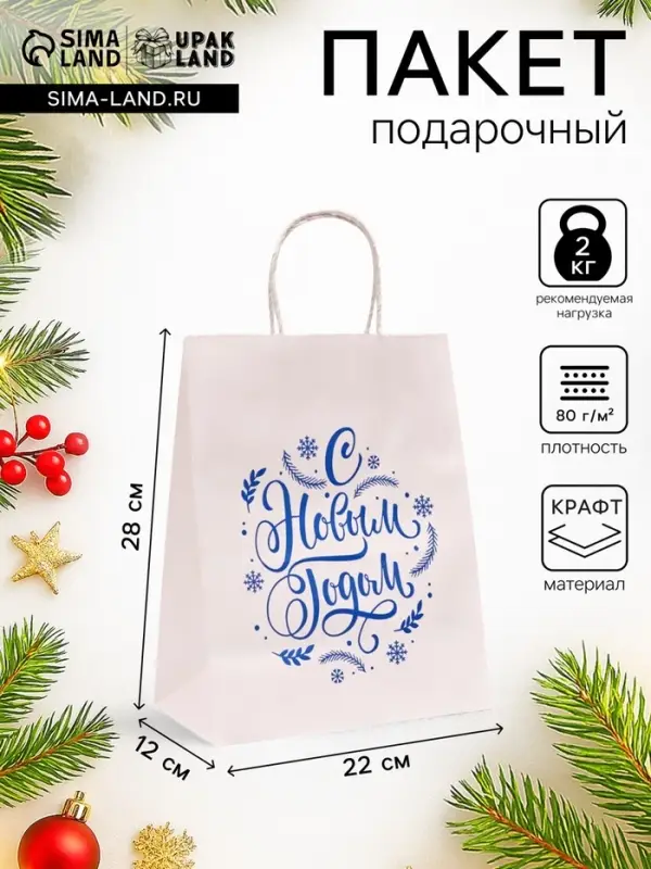 Пакет бумажный подарочный новогодний, &laquo;С Новым Годом!&raquo;, 22&times;12&times;28 &plusmn;2 см