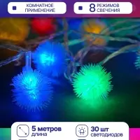 Гирлянда &laquo;Нить&raquo; 5 м с насадками &laquo;Ёжики цветные&raquo;, IP20, прозрачная нить, 30 LED, свечение мульти, 8 режимов, 220 В