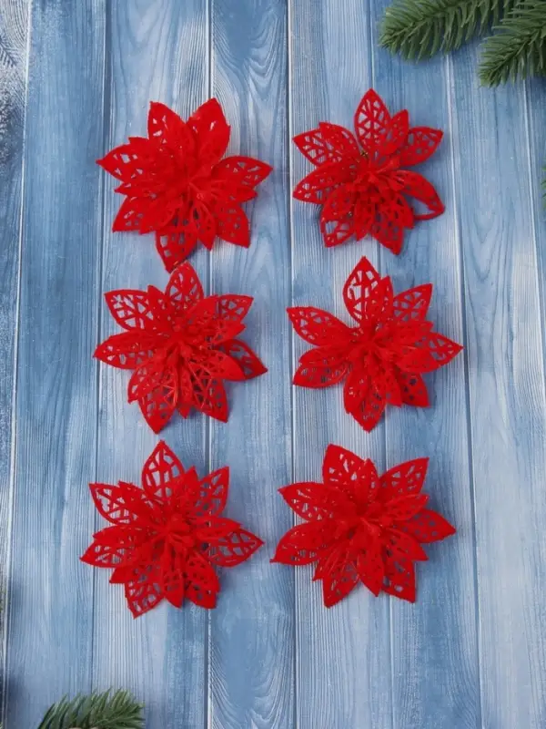Ёлочные игрушки 6 шт. &laquo;Зимнее волшебство. Резной цветок&raquo; пластик, 7 см, красный