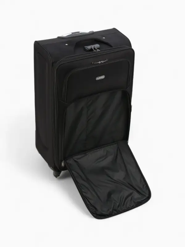 Чемодан 28 Чемодан 28", Текст, 45*28*77, отд на молнии, 2 нар/карм, увелич, код замок, 4 колеса, черный 10875