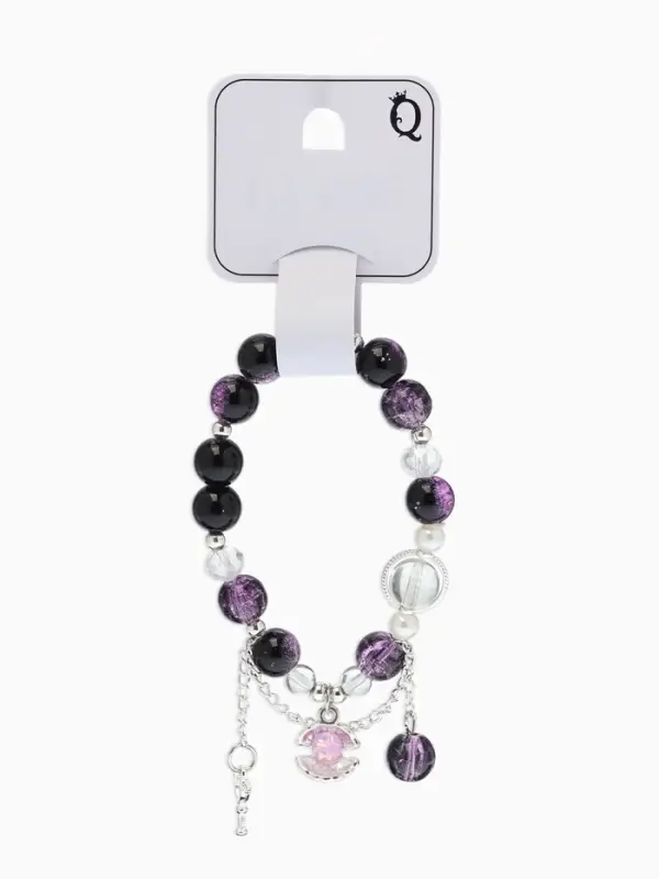 Браслет с подвесками "Сахарный" ракушка, шар №10/8, цвет чёрно-фиолтеовый в серебре